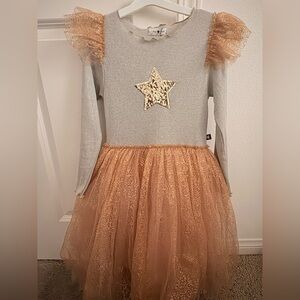 Petite Hailey Frill Long Sleeve Tutu Gold Silver Metallic Dress Star 100% Cotton